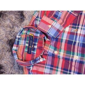 Ralph Lauren Long Sleeve Button Up Shirt Mens Medium Red Blue Plaid Classic Fit